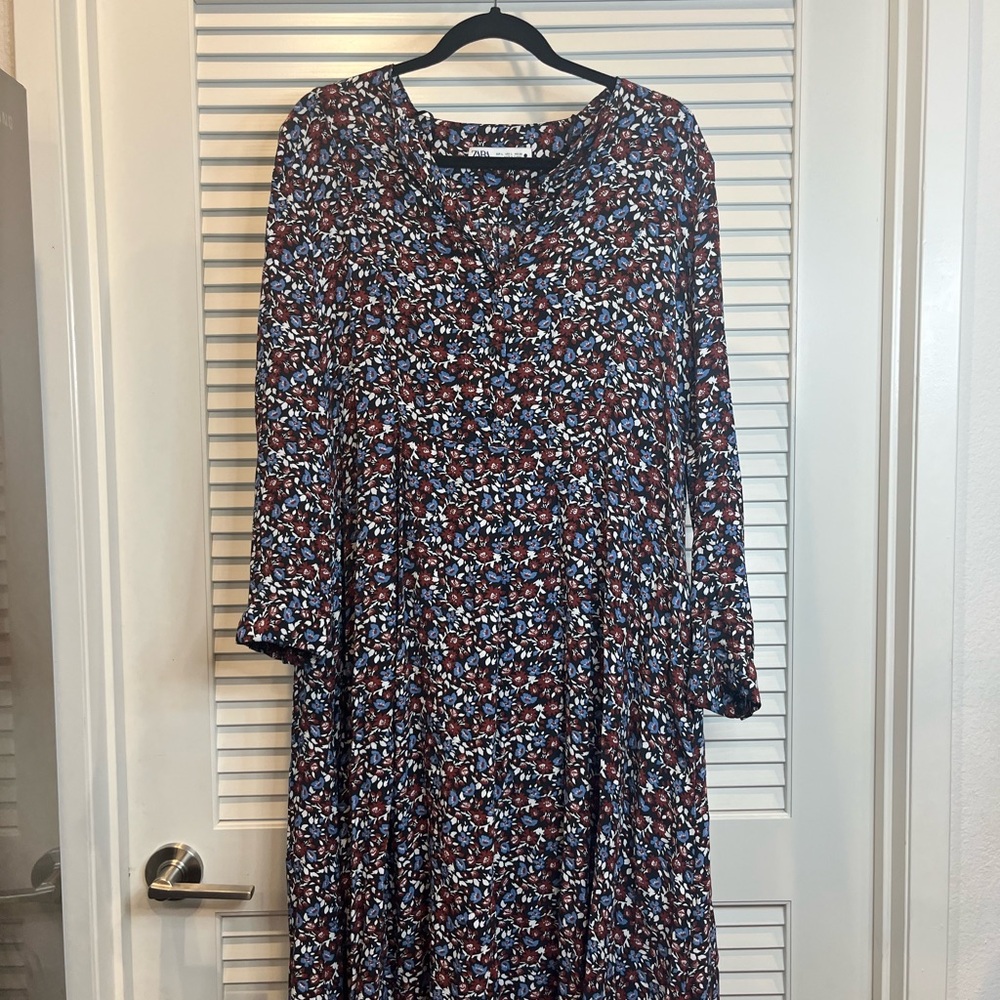COPY - Zara Floral Button Long Sleeve Midi Swing Dress in Wine Red & Blue Size … - Picture 6 of 6